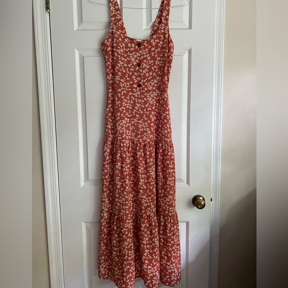 Rust colored dress with cream floral print.